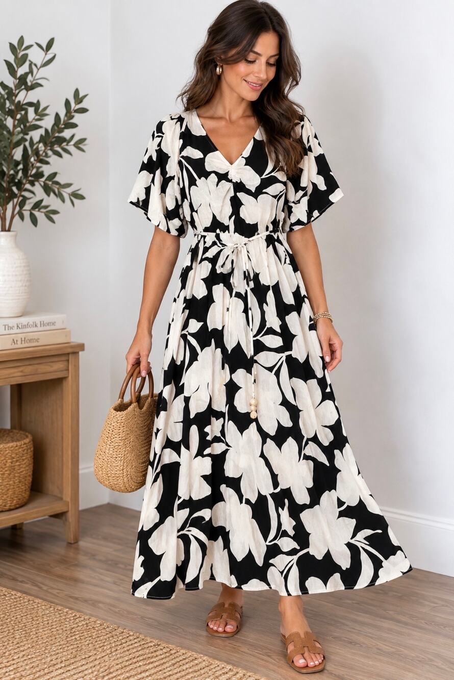 Ellen Tracy Black White Floral Maxi Dress M Boho Resort Vacation Belt NWT